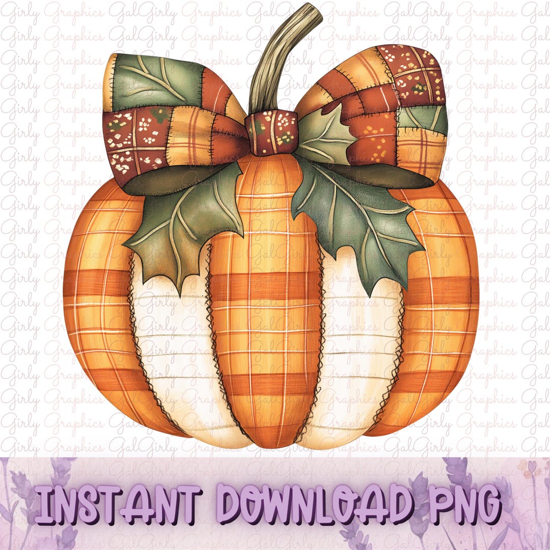 Grandmillennial Fall Quilted Pumpkin With Bow PNG Watercolor Clipart ...