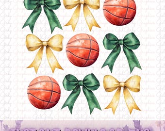 Green & Gold Bow Sports Basketball Coquette School Spirit Watercolor Digital Design - Instant Download, PNG | Basketball Mom|Sports mom