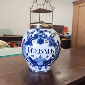 Antique Delft Blauw Hand Painted Tobacco Jar Signed & Numbered Brass Lid Beautiful Condition