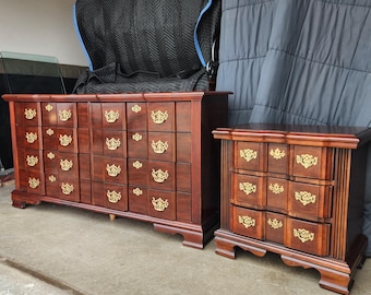 Vintage Dresser & Nightstand Combo Chippendale Style Block Front Brass Hardware Made In USA