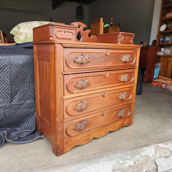 Antique Gentleman's Chest Hand Carved Drawer Pulls Solid Wood Nice Sculptural Elements Top Drawers Quality Piece