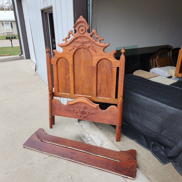 Antique Walnut Renaissance Revival Full-Size Bed Beautifully Carved With Matching Side Rails Ornate Crest Solid Wood