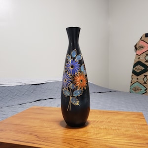 Vintage 1960's Bitossi Black Ceramic Vase 14" Beautiful Gilt Accent Floral Hand Painted Design Mid Century Italian Pottery