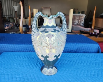 Antique Early 20th C. Japanese Satsuma Moriage Large Vase 18"H Double Handled Design Beautiful Hand Decorated Signed