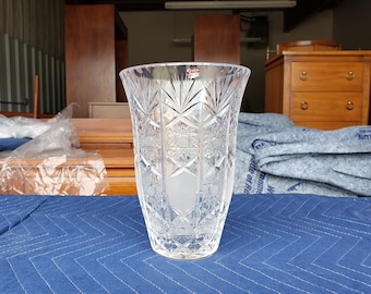 Vintage Orrefors Heavy Cut Crystal Vase 8.25"T Scandinavian Art Glass Beautiful Design Made In Sweden