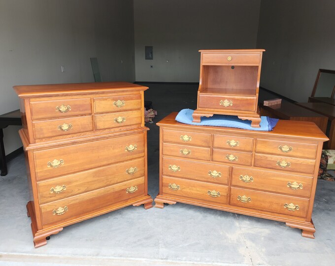 Vintage 1960's Kling Solid Cherry Bedroom Set Mid Century 3 Piece Brass