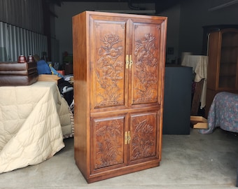 Vintage Henredon Chinoiserie-Style Walnut Cabinet "Folio 16" Beautiful Relief-Sculpted Doors Tremendous Quality Armoire