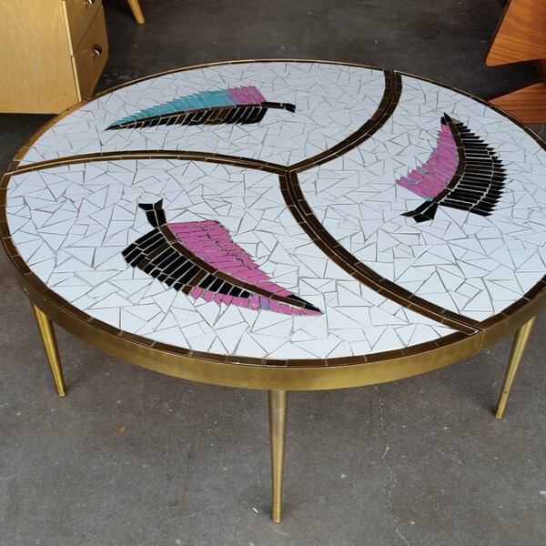 Vintage 1950's Richard Hohenberg Mosaic Tile Tables Mid Century Modern Set Of 3 Brass Legs & Trim Beautiful Design MCM