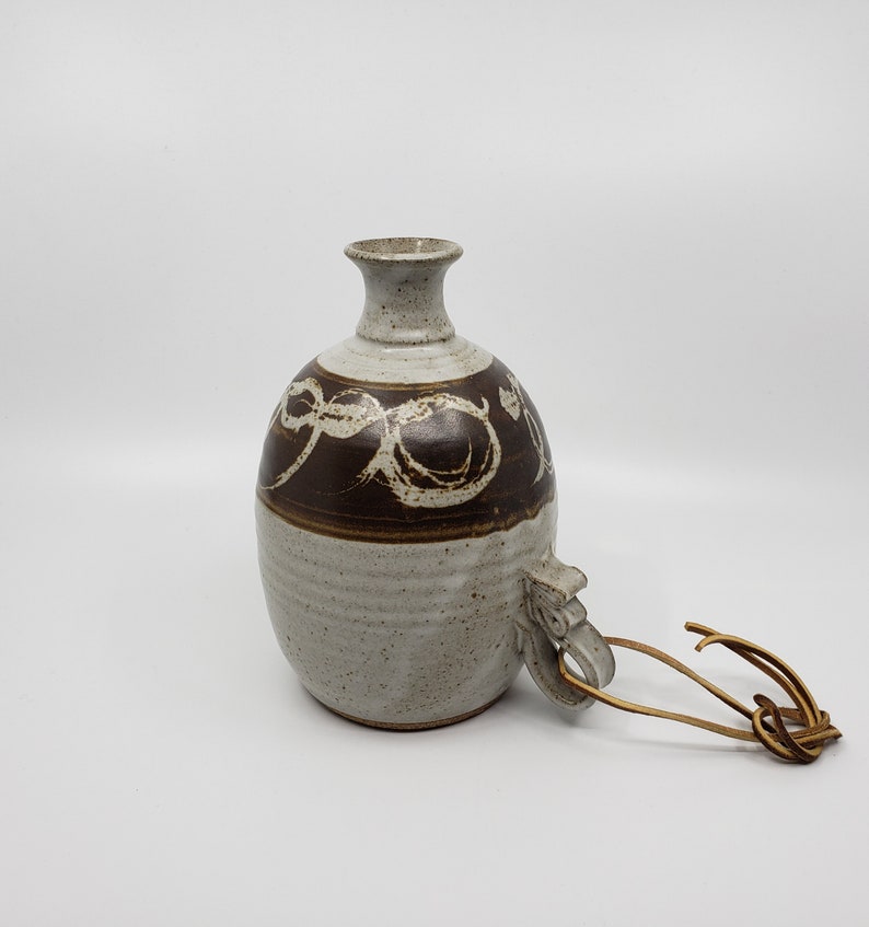 Vintage 1970's Stoneware Water Jug Leather Strap Mid Etsy
