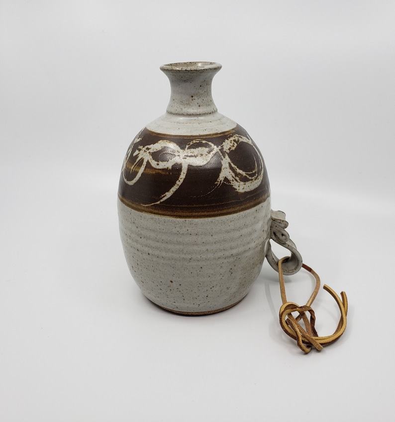 Vintage 1970's Stoneware Water Jug Leather Strap Mid Etsy