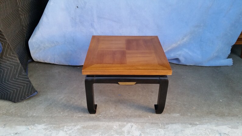 Vintage Asian Style Side Table Walnut Lacquered Mahogany Mid Century Modern Brass Accent Mcm
