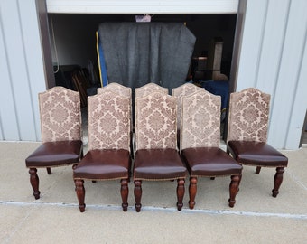 Set Of 8* Vintage Tuscan High-Back Dining Chairs Leather Seats Brass Nailhead Accents Turned Legs High Quality Upholsery