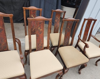 Set Of 6 Vintage Drexel Chinoiserie Lacquered Dining Chairs Gilt Accents Excellent Quality
