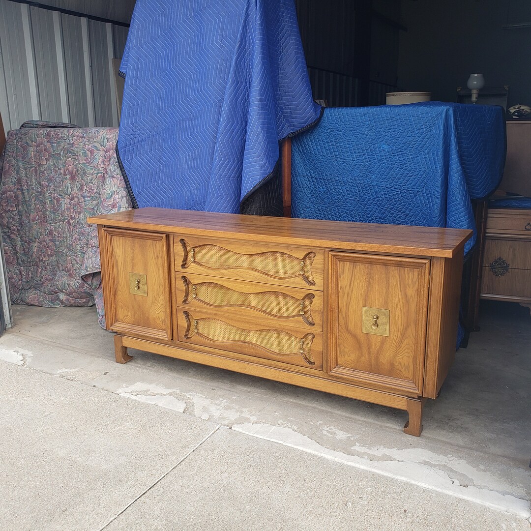 Vintage 1970's Lowboy Dresser Inset Cane Panels Mid Etsy