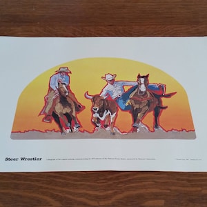 Vintage Hesston Rodeo Lithograph National Finals Rodeo Commemorative Print Steer Wrestler Beautiful Colors Mid Century Art