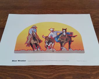 Vintage Hesston Rodeo Lithograph National Finals Rodeo Commemorative Print Steer Wrestler Beautiful Colors Mid Century Art