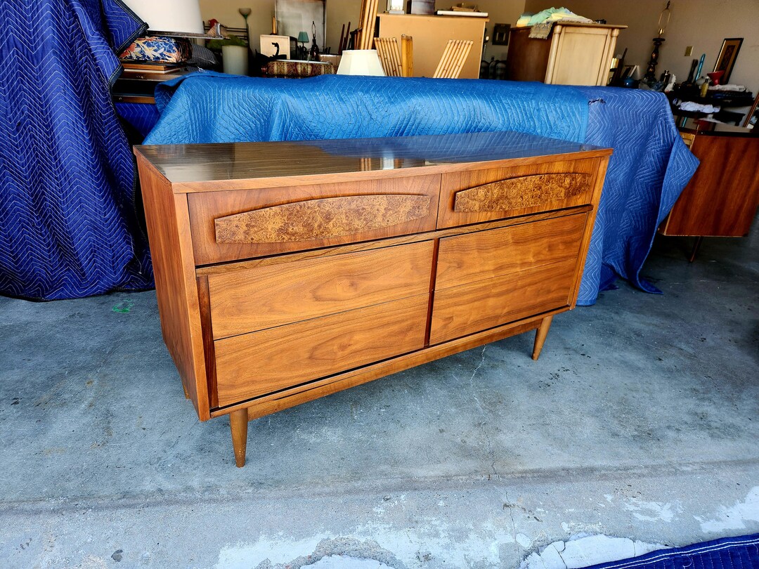Vintage 1960's Walnut Lowboy Dresser Mid Century Modern Burlwood Inlays