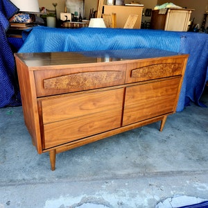 Vintage 1960's Walnut Lowboy Dresser Mid Century Modern Burlwood Inlays Six Drawers Wood Grain Laminate Top MCM