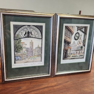 Pair (2) Vintage German Hand Tinted Etchings Pencil Signed Artist "Kuhlen" Nicely Framed Beautiful Wall Decor