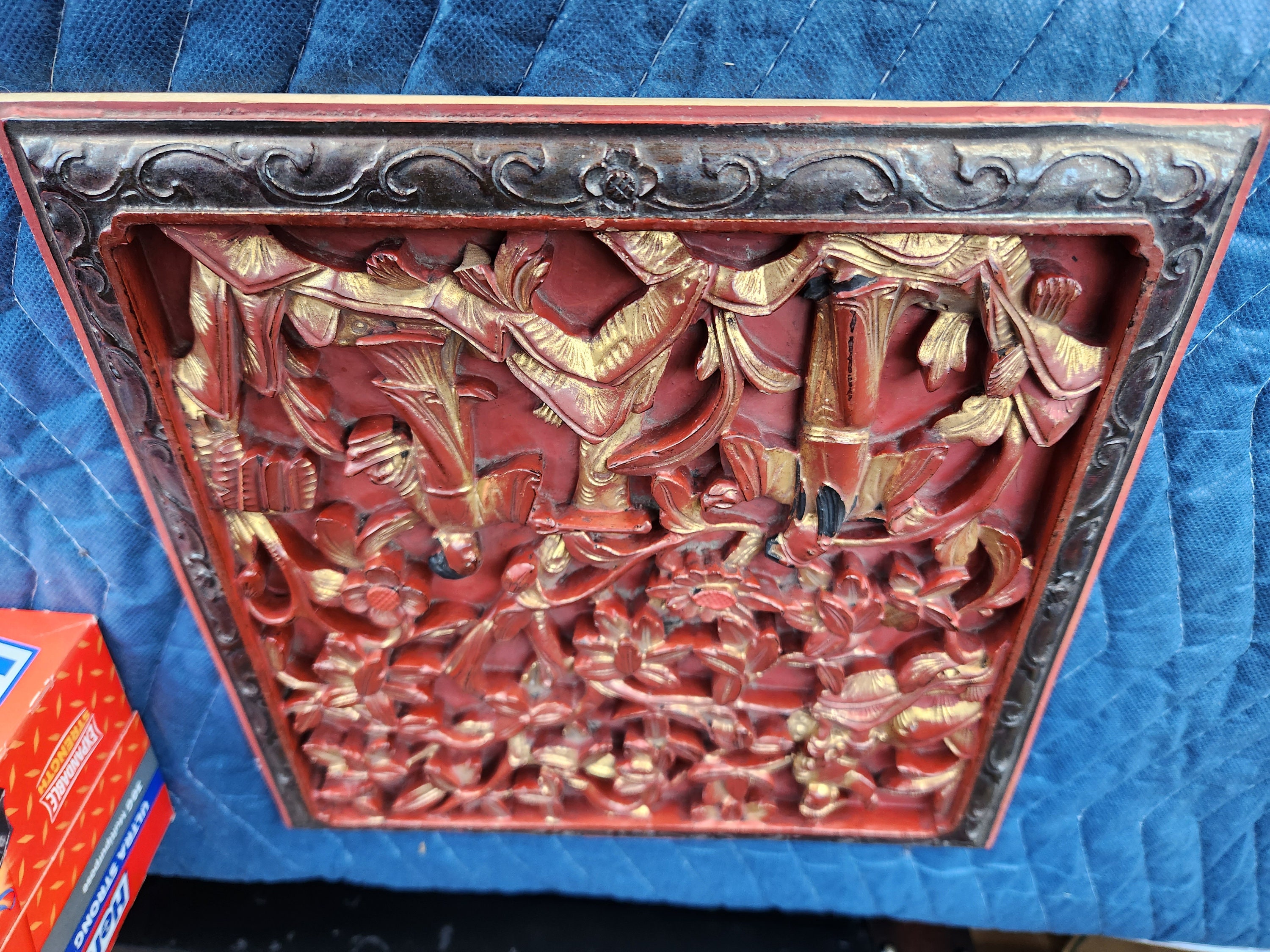 Antique Chinese Hand Carved Wood Panel Gilt & Lacquer Finish