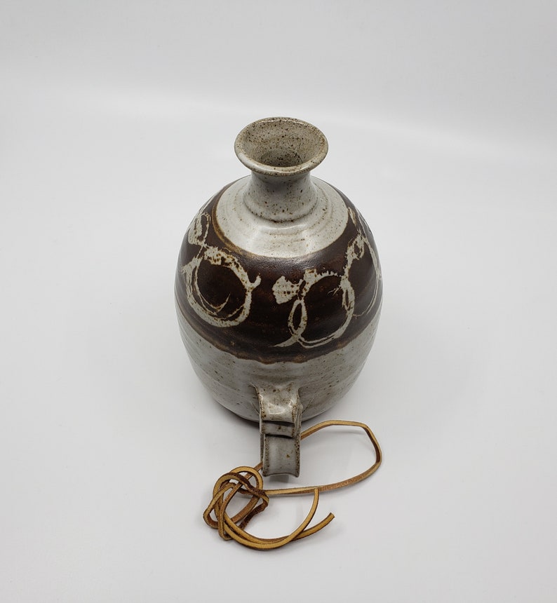 Vintage 1970's Stoneware Water Jug Leather Strap Mid Etsy