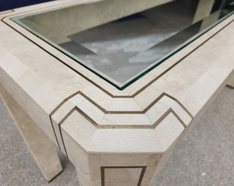 Vintage Maitland-Smith Tessellated Marble Console Table Brass Accents Beveled Glass Top Excellent Quality Designer Piece