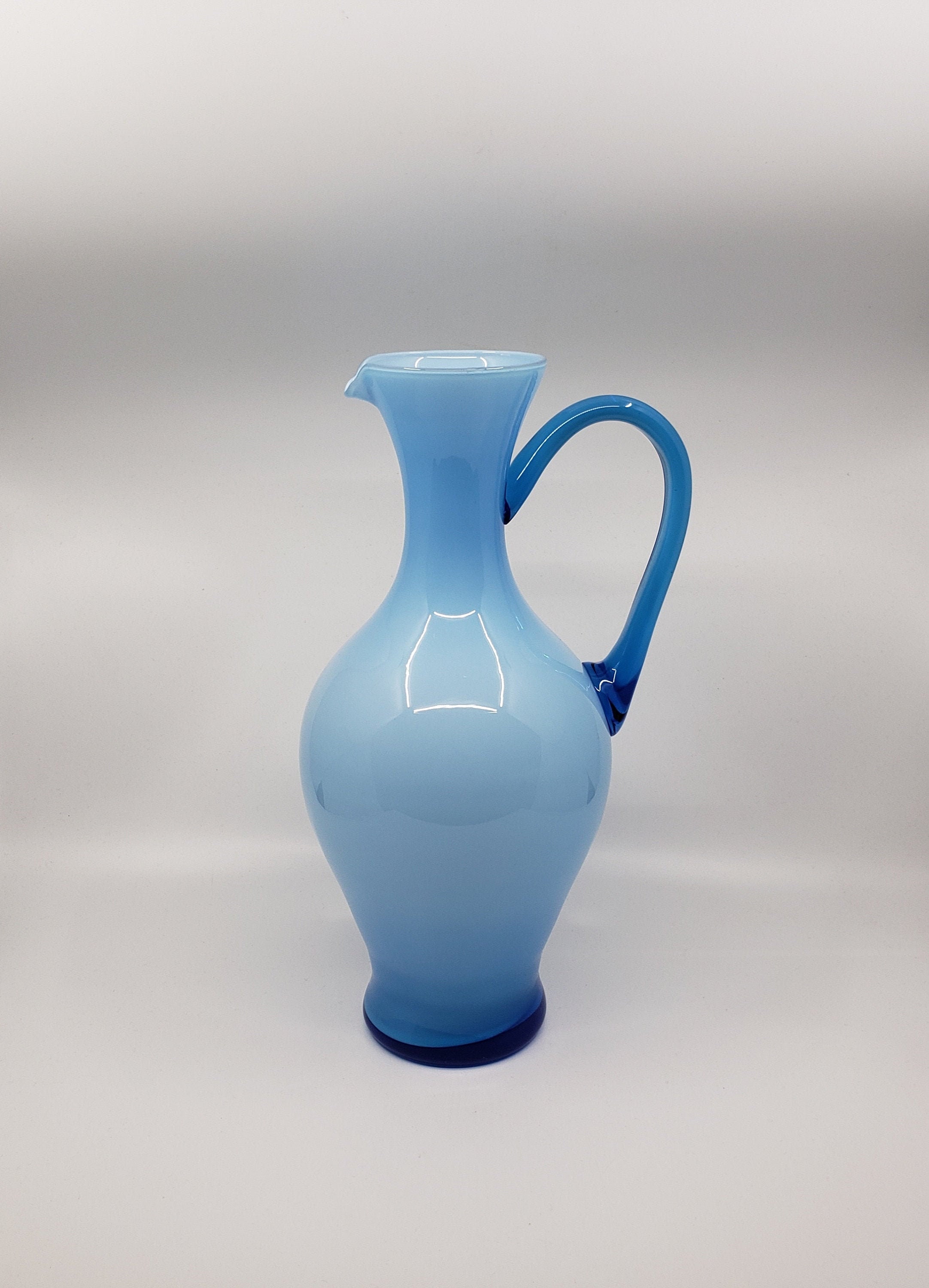 Vintage 1970's Scandinavian Style Cased Glass Pitcher 14"T Mid Century Beautiful Art Glass Cobalt Handle Holmegaard Style