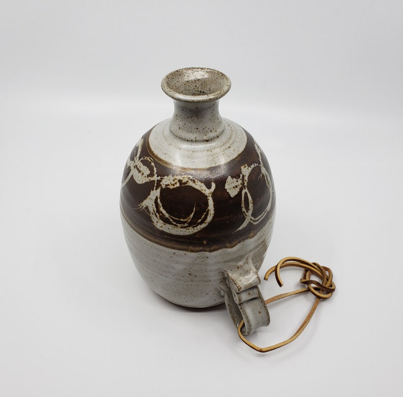 Vintage 1970's Stoneware Water Jug Leather Strap Mid Etsy