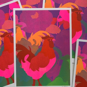Impression coq brillant A4 | Poulet illustré avec impression de fleurs | Risographe | Art mural | Impression du couronnement | Mur du salon | Cadeau pour elle