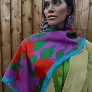 Red Rose Scarf | Pink Floral Silk Scarf | Made in the UK | 100% Silk | Hand Finished Rolled Hem | 90 x 90 cm | Gift for Her | Christmas Gift