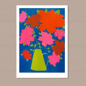 Blue Wall Art | Botanical Print | Abstract Flower Vase | Riso Print | Bright Floral Pattern | Plant Lover Gift | Housewarming Gift for Her