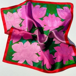 Green floral Scarf | Pink Silk Scarf | Bright Printed Scarf | Made in the UK | 100% Silk | Pin hemmed | 65 x 65 cm | Gift for Her