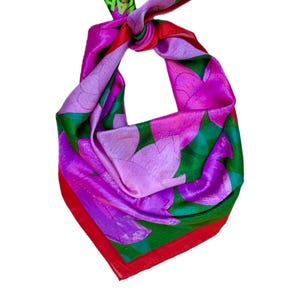 Green floral Scarf | Pink Silk Scarf | Bright Printed Scarf | Made in the UK | 100% Silk | Hand Rolled | 90 x 90 cm | Christmas Gift |