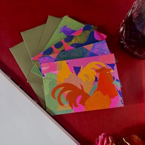 Jeu de cartes pour risographies A7 | Lot de 4 | Impression Riso | Cartes | Cartes Coq | carte géométrique | Carte Poulet l Remplissage du bas l Intérieur vierge |