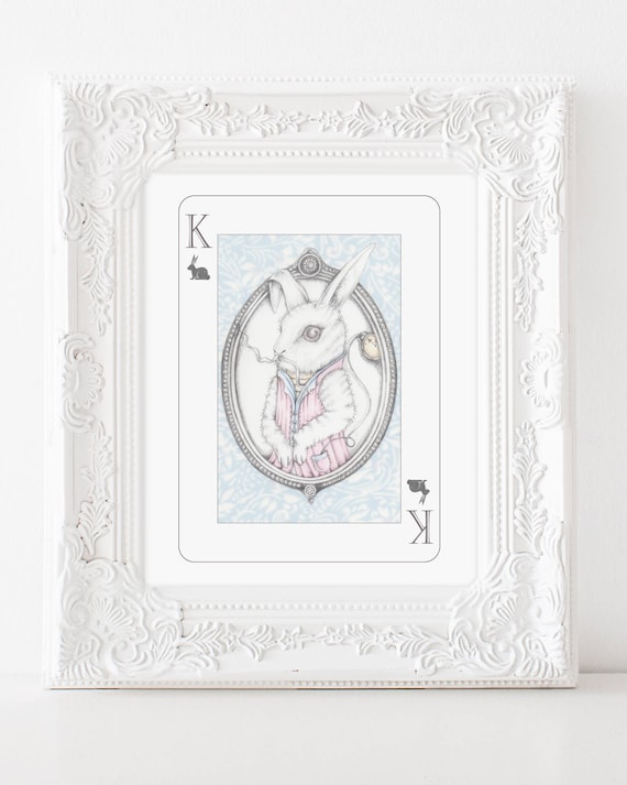 White rabbit illustration, white rabbit drawing, alice in wonderland art, wonderland illustration, alice print, playing card art, bunny art