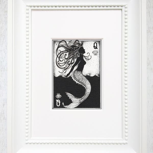 Mermaid art print, Mermaid illustration, fantasy art, ink drawing, matted print, playing card art, black and white art, "Queen of Seashells"