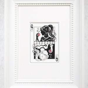 May include: A black and white illustration of the Queen of Hearts playing card. The Queen is depicted as a woman with a crown and a red apple in her hand. The card is framed in a white frame.