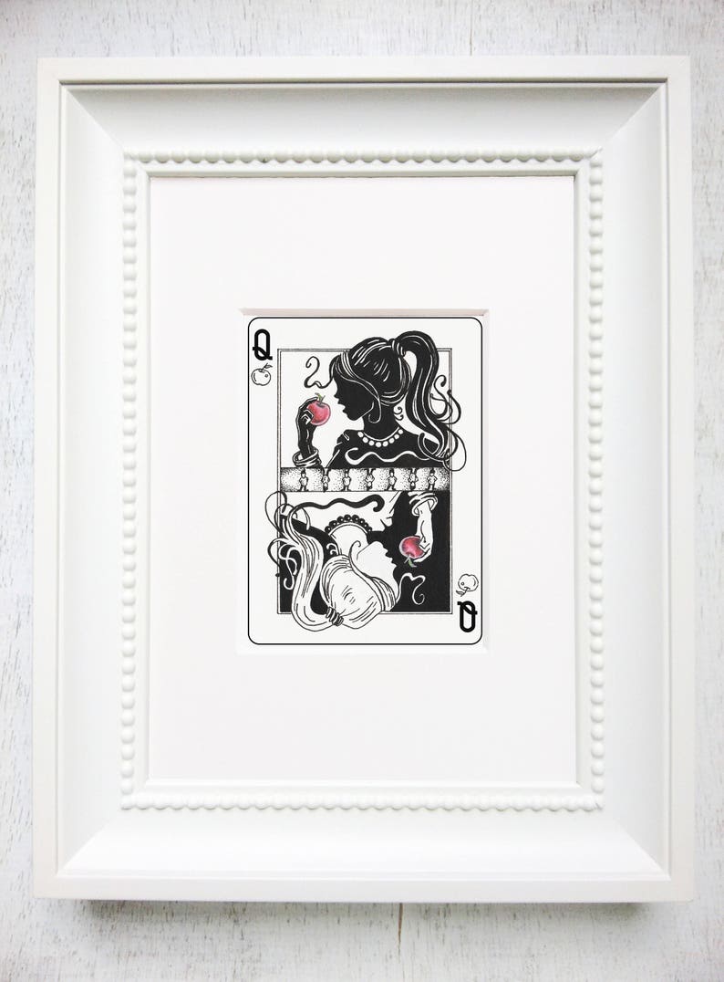 May include: A black and white illustration of the Queen of Hearts playing card. The Queen is depicted as a woman with a crown and a red apple in her hand. The card is framed in a white frame.