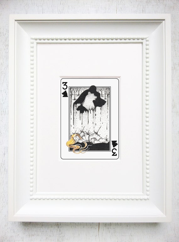 Goldilocks Art Print, Fairy tale Art Print,Playing Card Art, ATC, Matted Art Print, Fairytale Art, Fairy Tale, Ink drawing, "The 3 of Bears"