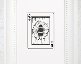 Queen Bee mini print. bee art print, ink art print, playing card inspired art print, fairytale art, Queen Bee 5"X7" mini print