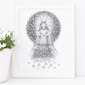 Moon Goddess Art Print, Personification of the moon, Art print of pencil illustration, Feminine art, female art, Goddess art, 8.5X11&quot; print