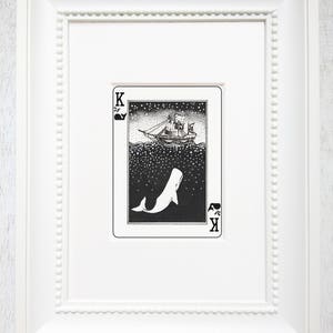 Moby Dick Art, Walvis Illustratie, Speelkaart Art, Moby Dick, White Whale art print, Inkt Art, Matted Art Print, "The King of Whales"