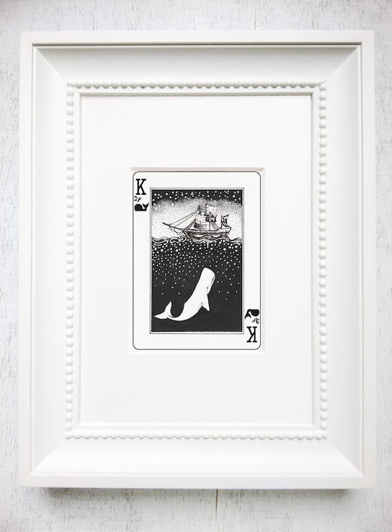 Moby Dick Art, Whale Illustration, Playing card Art, Moby Dick, White Whale art print, Ink Art, Matted Art Print, "The King of Whales"