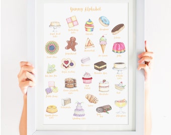 Dessert Art, Yummy Alphabet 11X14", Dessert Art Print, Delicious Art Print, Cakes and cookies and pie, Oh My!