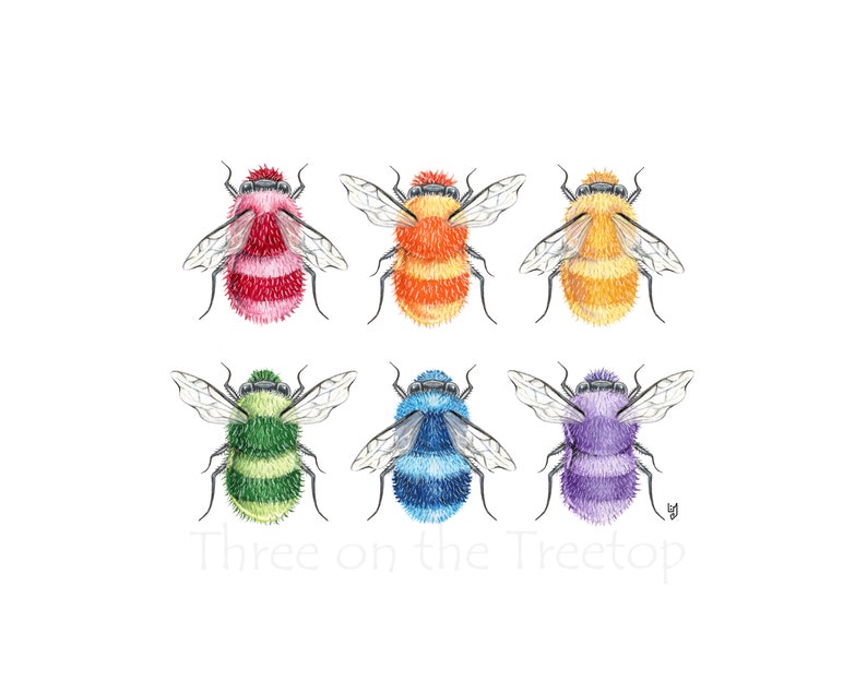 K&ouml;nnte beinhalten: Sechs flauschige Hummeln in einem Regenbogen aus Farben: rot, orange, gelb, gr&uuml;n, blau und lila. Die Bienen sind im Cartoon-Stil auf wei&szlig;em Hintergrund gezeichnet.  "Three on the Treetop" steht unter den Bienen.