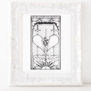 Three of Swords Tarot card print, tarot art, tarot art print, ink illustration, ink art print, 8.5X11&quot;