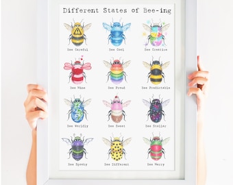 Bee Art Print, Fun art, Whimsical art, bee art, bee themed print, bee pun "Different States of Bee-ing" 11 X 14"