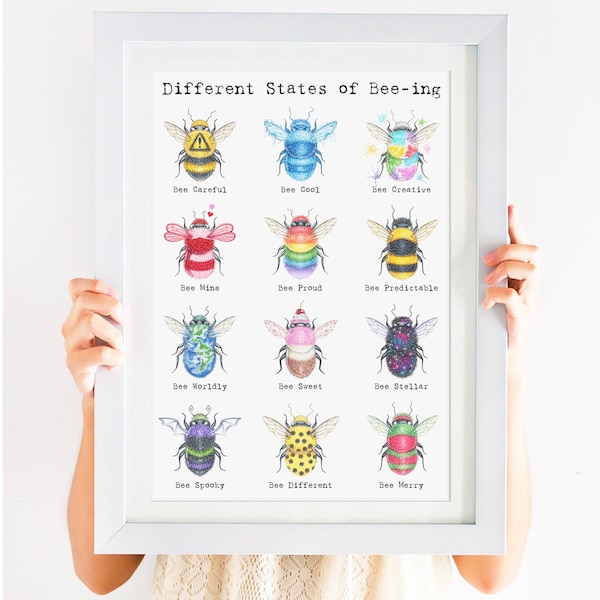 Lámina de abejas, arte divertido, arte caprichoso, arte de abejas, lámina con temática de abejas, juego de palabras con abejas "Diferentes estados de la abeja", 28 x 35 cm