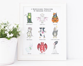 Fun Horror Print, Creepy Cute Art Print, Animal Art Print, A Spooktacular Collection of Ghoulish Critters 8X10" Print