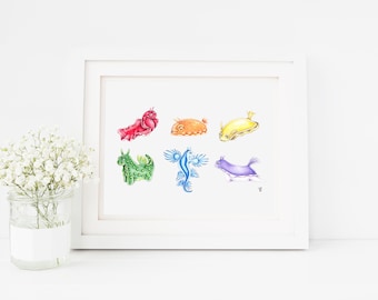 Nudibranch Art Print, Nudibranch inspired art, Sea Slug art, Cute Nudibranchs, Cute Sea Slugs, Nudi print, Ocean creature art print